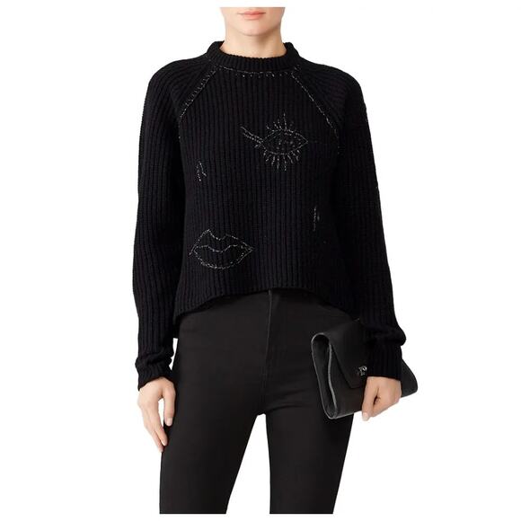 (Nude) Sweater Womens X Small Black Embroidered Face Mock Neck Wool - Picture 1 of 9